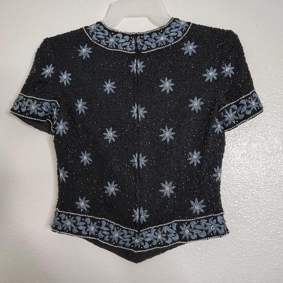 Vintage Papell Boutique Evening Top Womens Small Black Blue Floral Silk Beaded - Picture 8 of 14